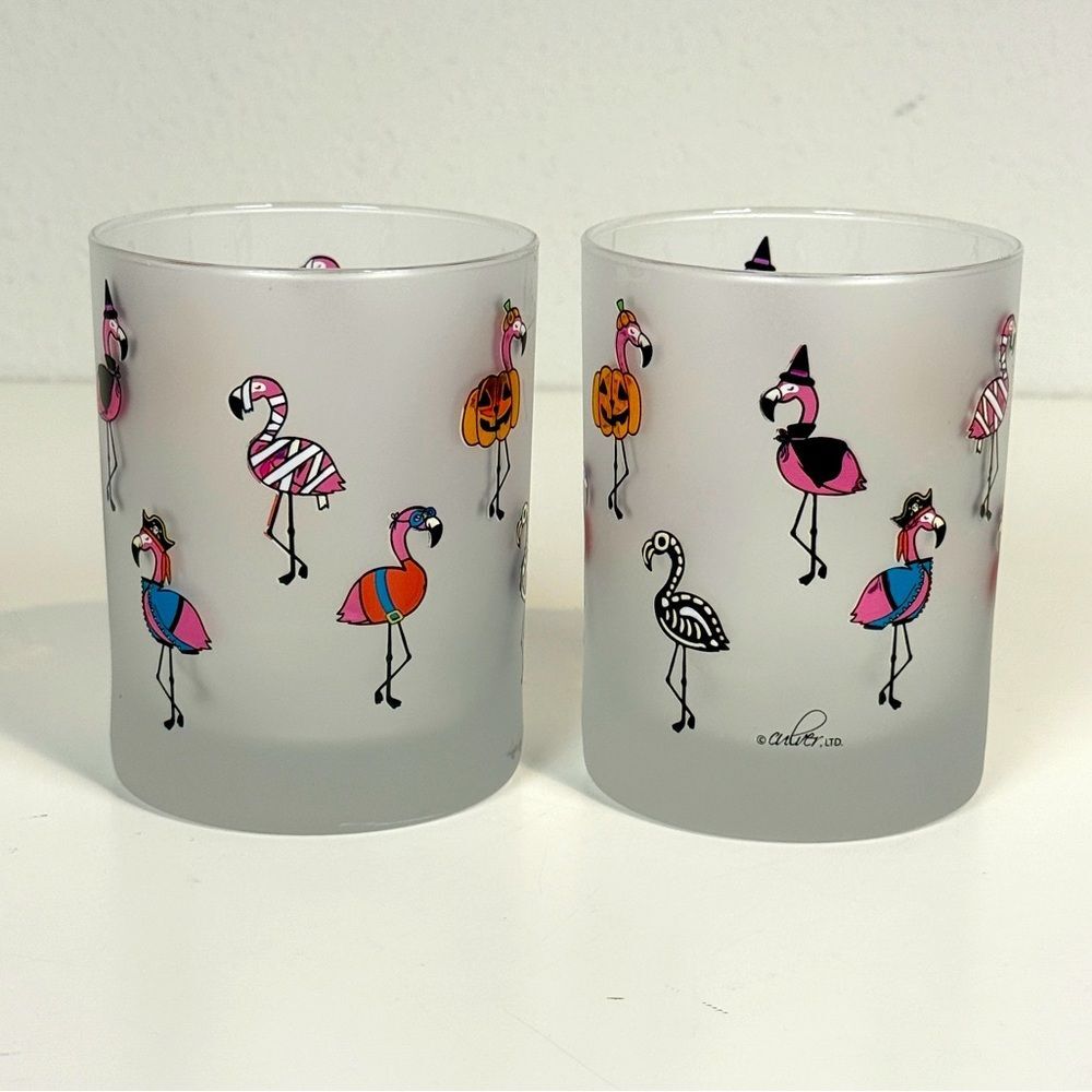 2 Culver Frosted Halloween Flamingos in Costumes Cocktail Glasses